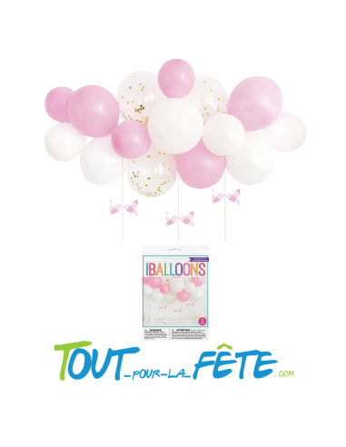 Kit arche à 15 ballons rose bonbon, Blanc et confettis Or pour décoration anniversaire
