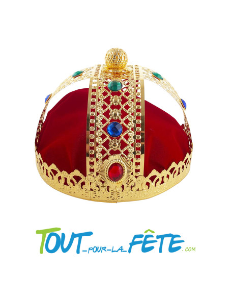 Couronne de roi or avec tissus rouge et incrustation de pierres précieuses taille adulte