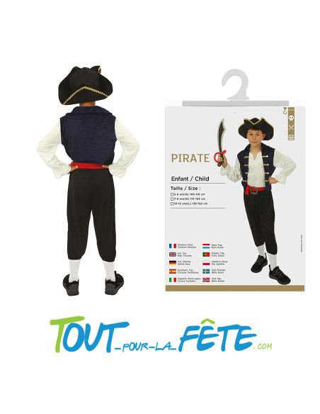 Déguisement de pirate bleu enfant Chapeau, haut, ceinture, pantalon