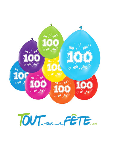 Lot de 8 ballons en latex 30cm multicolores 100 ans ( air - hélium ) biodégradables