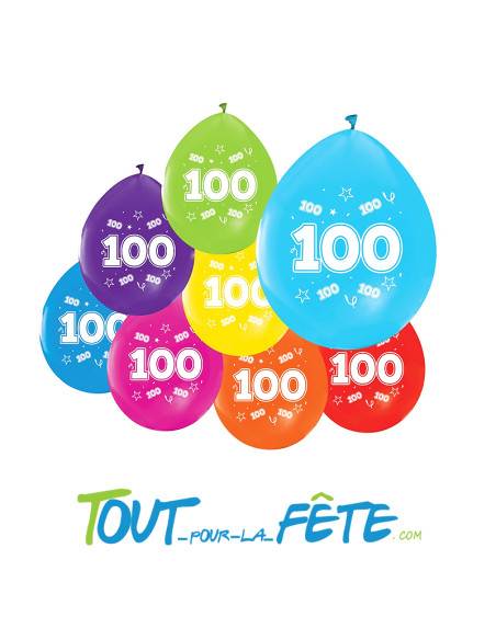 Lot de 8 ballons en latex 30cm multicolores 100 ans ( air - hélium ) biodégradables