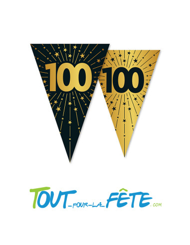 Guirlande de fanions triangulaires anniversaire 100 ans or et noir 10m