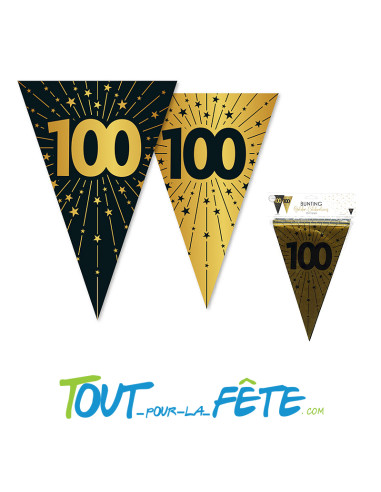 Guirlande de fanions triangulaires anniversaire 100 ans or et noir 10m