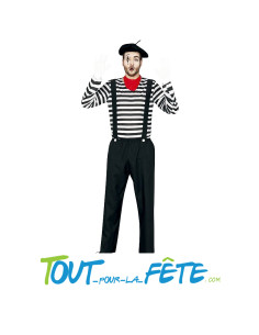 Déguisement de mime adulte homme ( chapeau, foulard, chemise et pantalon avec bretelles )