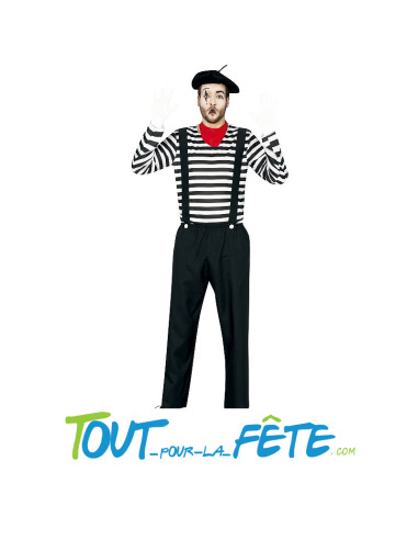 Déguisement de mime adulte homme ( chapeau, foulard, chemise et pantalon avec bretelles )