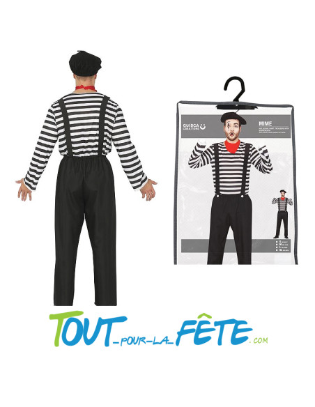 Déguisement de mime adulte homme ( chapeau, foulard, chemise et pantalon avec bretelles )