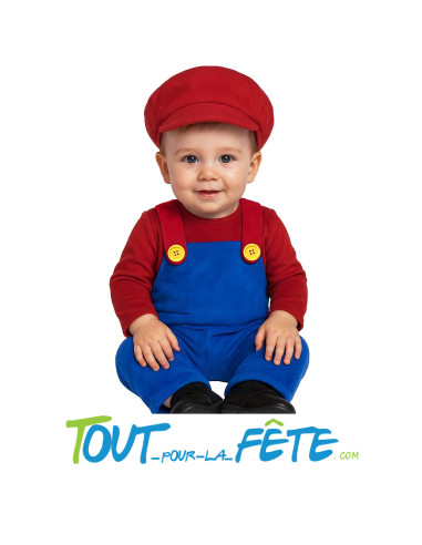 Déguisement bébé Plombier Super Mario rouge et bleu ( casquette - combinaison )