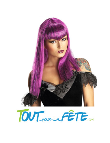 Perruque longue avec frange et mèches métallisée violet de vampiresse