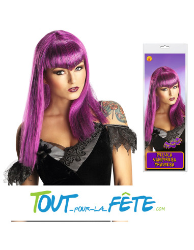 Perruque longue avec frange et mèches métallisée violet de vampiresse