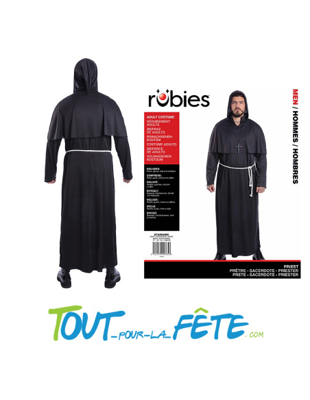 Déguisement de prêtre noir taille adulte L/XL ( robe - gants - ceinture et collier )