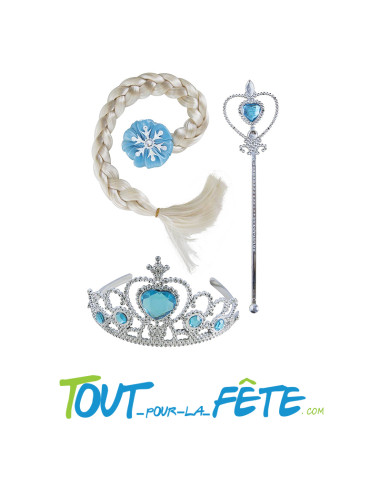 Set reine des glaces taille unique pour enfant ( Diadème, baguette, tresse )