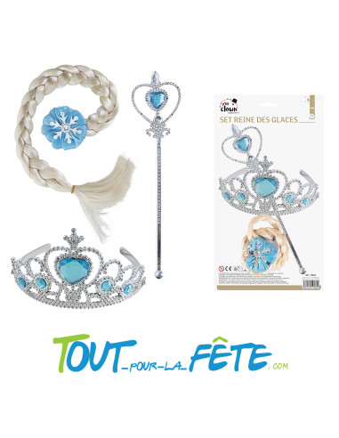 Set reine des glaces taille unique pour enfant ( Diadème, baguette, tresse )