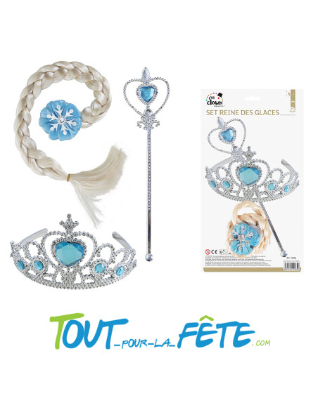 Set reine des glaces taille unique pour enfant ( Diadème, baguette, tresse )