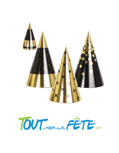 Lot de 6 chapeaux pointus en carton noir et or 16 cm 3 motifs différents