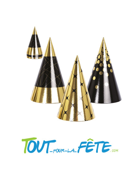 Lot de 6 chapeaux pointus en carton noir et or 16 cm 3 motifs différents