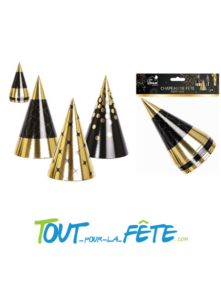 Lot de 6 chapeaux pointus en carton noir et or 16 cm 3 motifs différents