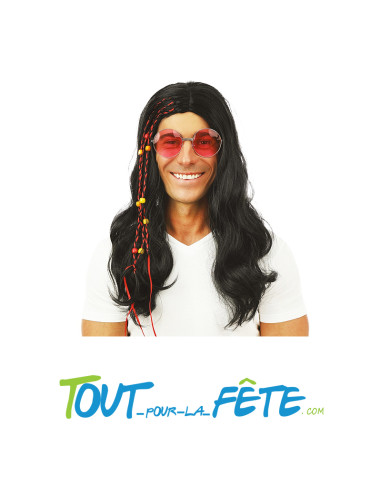 Perruque hippie noire pour homme avec tresses taille unique ( année 60 - 70 )