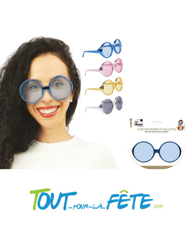 Lunettes géantes rondes métallisé bleu, or, rose, argent disco, année 80