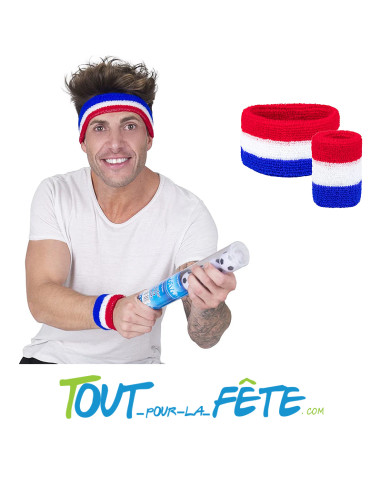 Set 1 Bandeau et 1 bracelet Eponge Bleu, Blanc, Rouge France 2 pièces