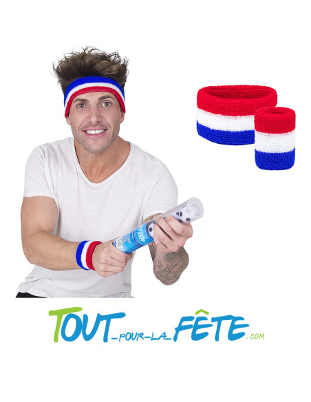 Set 1 Bandeau et 1 bracelet Eponge Bleu, Blanc, Rouge France 2 pièces