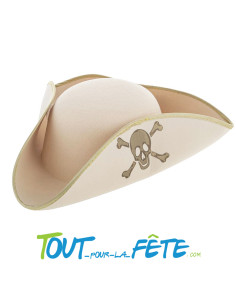 Chapeau tricorne de pirate feutrine blanc avec liseré or et symbole pirate