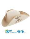 Chapeau tricorne de pirate feutrine blanc avec liseré or et symbole pirate
