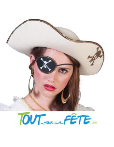 Chapeau tricorne de pirate feutrine blanc avec liseré or et symbole pirate 2
