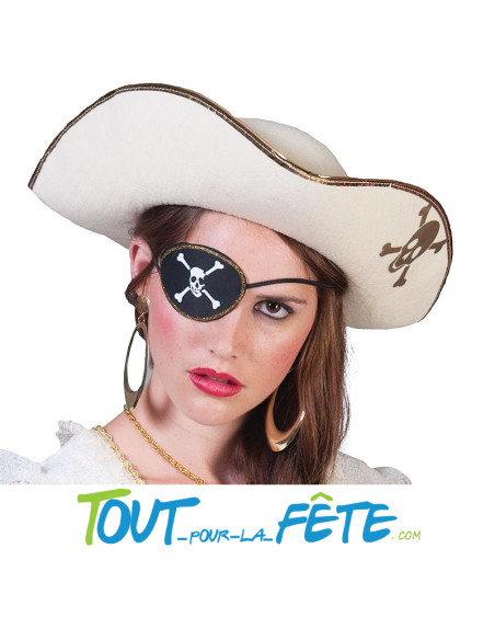 Chapeau tricorne de pirate feutrine blanc avec liseré or et symbole pirate