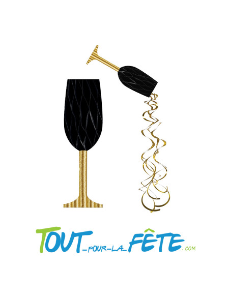 Flute de champagne à suspendre en carton 30 cm noir et doré – Décoration festive