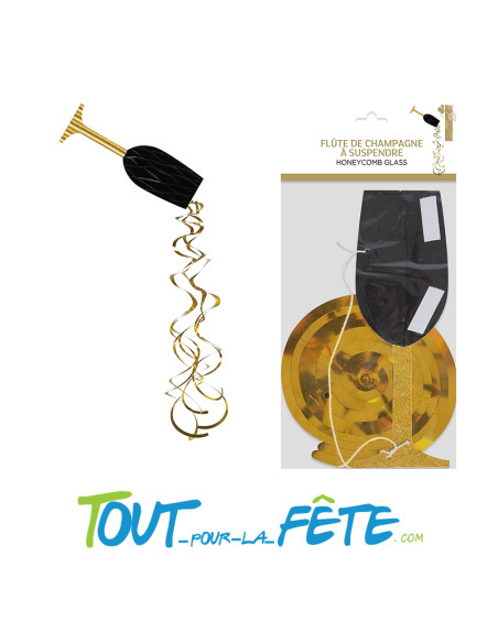Flute de champagne à suspendre en carton 30 cm noir et doré – Décoration festive