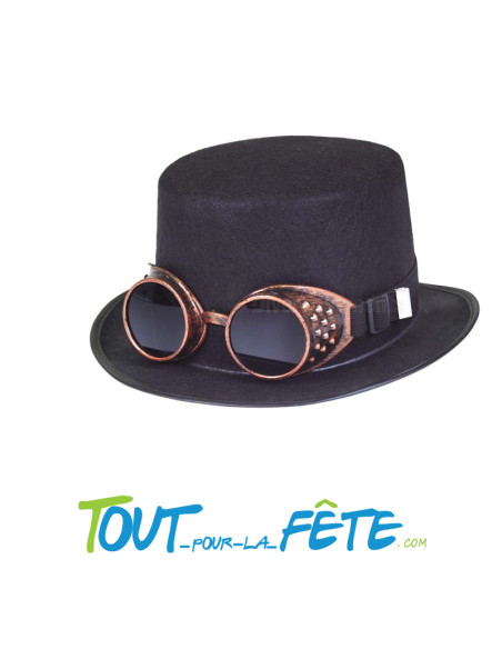 Chapeau haut de forme steampunk avec lunettes adulte 12 cm