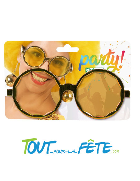 Lunettes ronde avec boule disco suspendu couleur or accessoire année 80