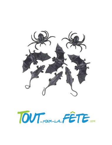 Lot de 8 Animaux d'Halloween en Plastique chauve souris, rats, araignées