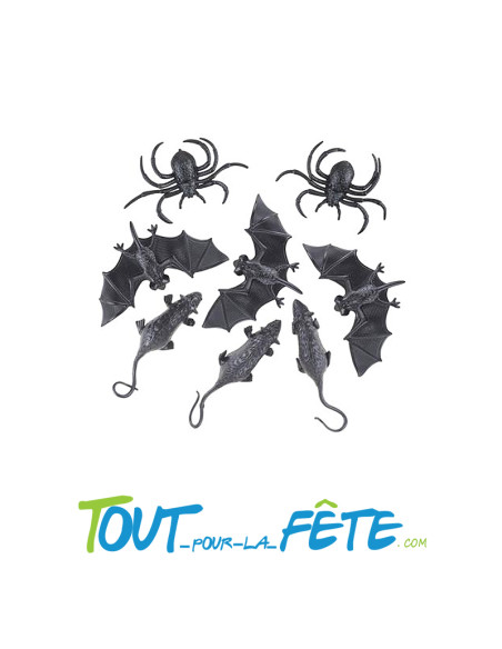 Lot de 8 Animaux d'Halloween en Plastique chauve souris, rats, araignées