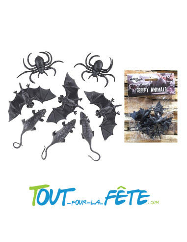 Lot de 8 Animaux d'Halloween en Plastique chauve souris, rats, araignées