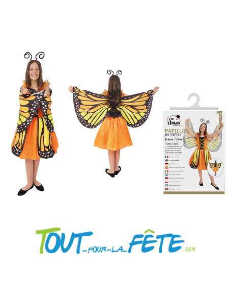 Déguisement de papillon taille enfant orange (robe, ailes, serre-tête)