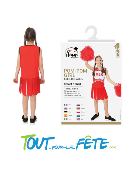 Déguisement Pom-Pom Girl Rouge et Blanc Enfant – Costume Cheerleader USA