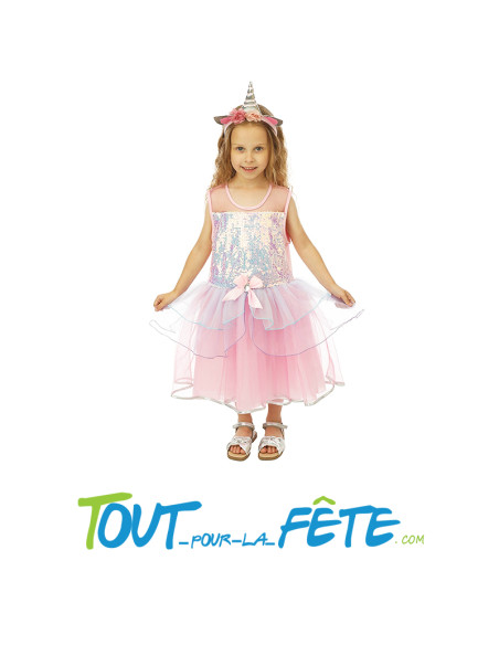 Déguisement licorne enfant – Robe rose à sequins avec serre-tête corne et fleurs