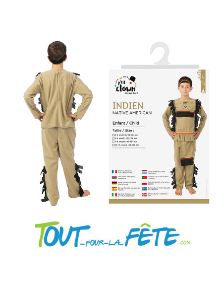 Déguisement d’Indien enfant – Costume complet (chemise, pantalon avec tablier, coiffe)
