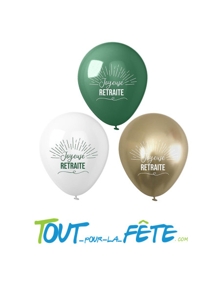 Lot de 8 Ballons Latex 30 cm "Joyeuse Retraite" – Vert, Or & Blanc