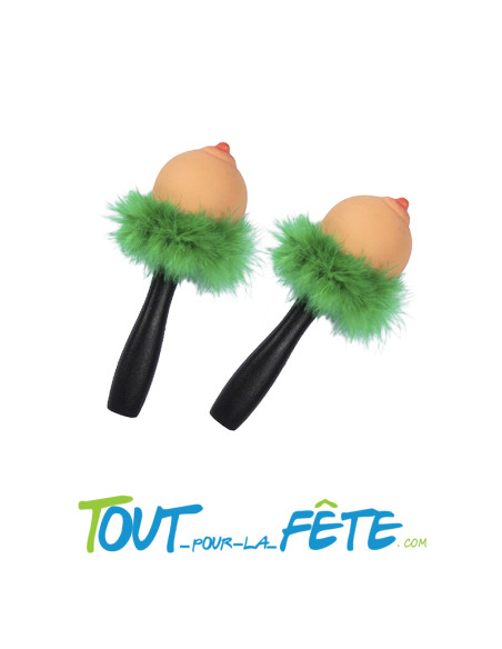 Paire de Maracas Sexy Forme Seins avec Fourrure Verte – Cadeau Humoristique