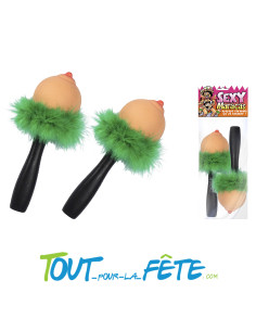 Paire de Maracas Sexy Forme Seins avec Fourrure Verte – Cadeau Humoristique 2