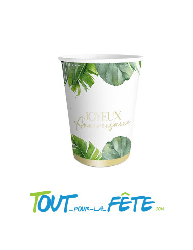 Lot de 6 gobelets en carton joyeux anniversaire tropical party contenance 25cl