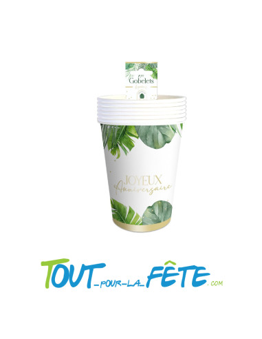 Lot de 6 gobelets en carton joyeux anniversaire tropical party contenance 25cl