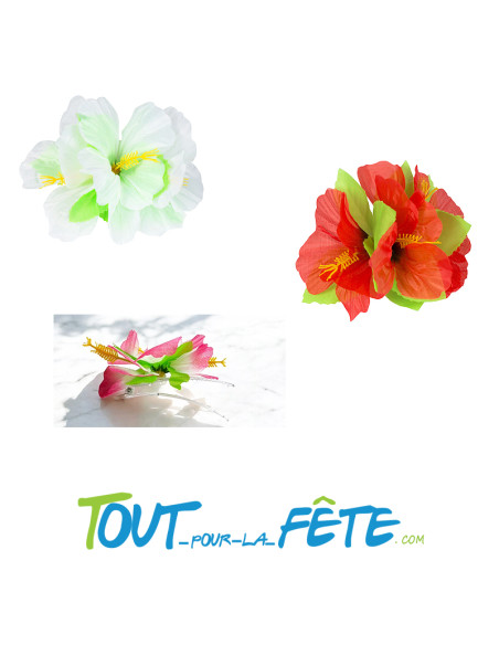 Fleurs tropical polyester pour cheveux avec pince transparente ( rouge - rose - violet - jaune - blanc - bleu )