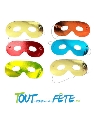 Lot de 6 masques loup métallisé – Couleurs or, vert, rouge, bleu, orange