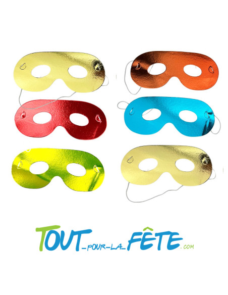 Lot de 6 masques loup métallisé – Couleurs or, vert, rouge, bleu, orange
