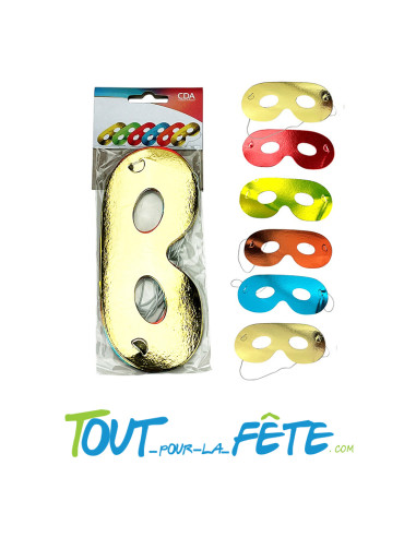 Lot de 6 masques loup métallisé – Couleurs or, vert, rouge, bleu, orange