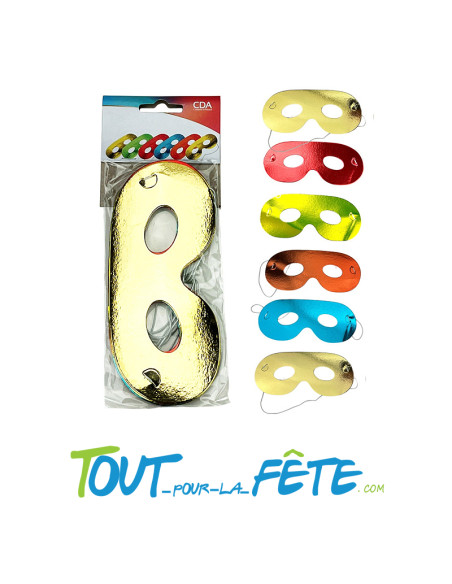 Lot de 6 masques loup métallisé – Couleurs or, vert, rouge, bleu, orange