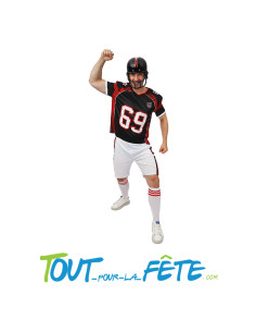 Déguisement Footballeur Américain Adulte – T-shirt Noir et Rouge N°69 & Short Blanc